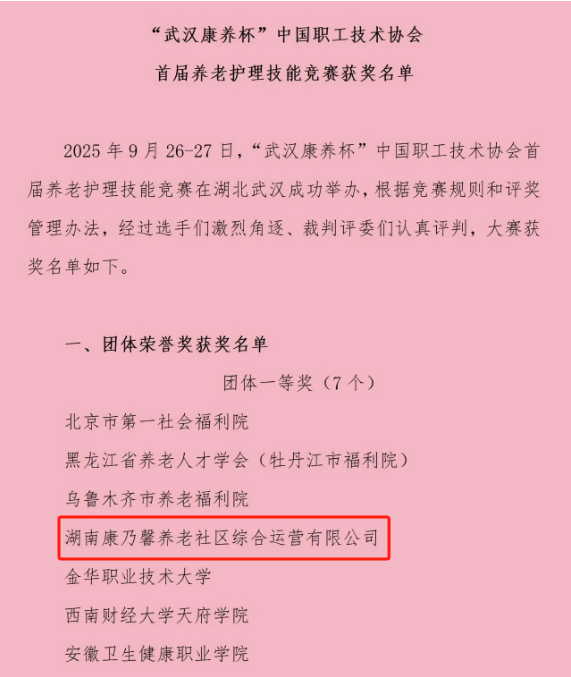 康乃馨运营公司荣获“武汉康养杯”国家级养老护理竞赛团体一等奖